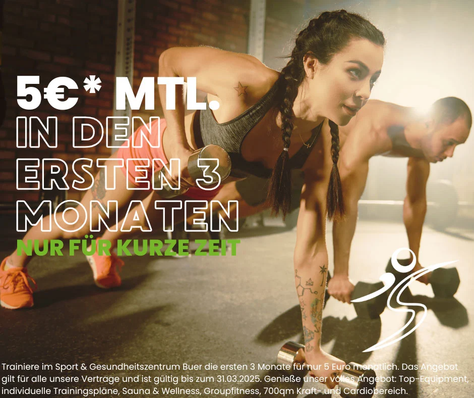Volle Leistungen in unserem Fitnessstudio für nur 5 € in den ersten 3 Monaten.